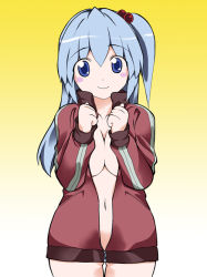 Rule 34 | 1girl, alternate costume, bad id, bad pixiv id, blue eyes, blue hair, blush stickers, bottomless, breast press, breasts, cleavage, contemporary, double vertical stripe, female focus, fuantei, gradient background, gym uniform, hair bobbles, hair ornament, long hair, matching hair/eyes, medium breasts, mystic square, navel, shinki (touhou), side ponytail, smile, solo, touhou, touhou (pc-98), uniform, unzipped, white background