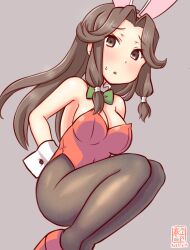 Rule 34 | 1girl, animal ears, antenna hair, blush, breasts, brown eyes, brown hair, brown pantyhose, covered navel, detached collar, fake animal ears, jintsuu (kancolle), kanon (kurogane knights), kantai collection, leotard, long hair, looking at viewer, medium breasts, one-hour drawing challenge, open mouth, pantyhose, playboy bunny, rabbit ears, rabbit tail, red leotard, ribbon, solo, strapless, strapless leotard, sweatdrop, tail, wrist cuffs