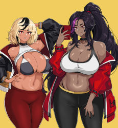 Rule 34 | 2girls, arms behind head, breasts, cleavage, clothes lift, dark-skinned female, dark skin, g-string, hand on own hip, hand on thigh, hella p, holding, holding phone, huge breasts, jacket, multicolored hair, multiple girls, nail polish, original, pants, phone, shirt lift, siblings, simple background, sisters, thong, two-tone hair, yellow background, yoga pants