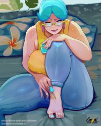 Rule 34 | 1girl, absurdres, bare arms, bare shoulders, barefoot, blue hair, breasts, crystalcheese (artist), curvy, denim, facing viewer, feet, glasses, highres, jeans, knee up, large breasts, looking at viewer, mature female, mole, mole under eye, nail polish, open mouth, pants, plump, semi-rimless eyewear, shirt, short hair, sitting, sleeveless, sleeveless shirt, solo, tank top, thick thighs, thighs, toenail polish, toenails, toes, under-rim eyewear, yellow-framed eyewear, yellow eyes, yellow shirt, yellow tank top