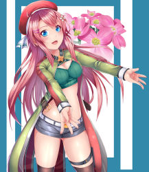 Rule 34 | 1girl, :d, ayase tamaki, belt, beret, black legwear, black shorts, blue eyes, breasts, cleavage, dogwood (flower), fang, flower, flower knight girl, flower request, gluteal fold, hair ornament, hairclip, hanamizuki (flower knight girl), hat, long hair, looking at viewer, midriff, open mouth, outstretched arms, pink hair, short shorts, shorts, smile, solo, thigh strap