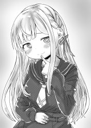 Rule 34 | 1girl, absurdres, ao daidai ki, assault lily, belt, blunt bangs, blush, braid, breasts, closed mouth, commentary, finger to mouth, gradient background, grey background, greyscale, hair ribbon, halftone, hand on own stomach, hand up, head tilt, high-waist skirt, highres, jewelry, kanba girls high school uniform, kon kanaho, long hair, long sleeves, medium breasts, monochrome, necktie, ribbon, ring, sailor collar, school uniform, serafuku, shirt, short necktie, side braid, sidelocks, skirt, smile, solo, standing, upper body