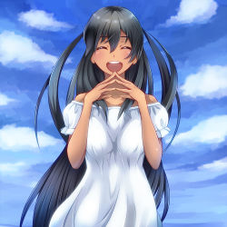 Rule 34 | 10s, 1girl, :d, ^ ^, bare shoulders, black hair, blush, breasts, captain earth, closed eyes, cloud, dark skin, dark-skinned female, day, dress, closed eyes, fingers together, long hair, medium breasts, mutou hana, n-plus, open mouth, sky, smile, solo, steepled fingers, two side up, very long hair