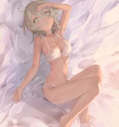 Rule 34 | 1girl, arm up, barefoot, bra, breasts, cleavage, commentary, foot out of frame, green eyes, green hair, highres, io (io oekaki), knees up, looking to the side, lying, medium breasts, navel, on back, original, panties, parted lips, short hair, solo, underwear, underwear only, white bra, white panties