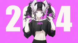 Rule 34 | 1girl, 2024, absurdres, alver, black hair, black shirt, blunt bangs, closed mouth, clothes writing, collarbone, crop top, crop top overhang, hands in own hair, hands up, highres, horns, looking at viewer, loose clothes, loose shirt, medium hair, midriff, mole, mole under mouth, number background, original, pink background, purple eyes, shirt, solo, straight-on, twintails, upper body, white horns, wide sleeves