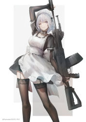 Rule 34 | +) (liu997139467), 1girl, alternate costume, apron, back bow, bow, commentary request, dress, drum magazine, elbow gloves, extended barrel, feet out of frame, fingerless gloves, frilled apron, frills, girls&#039; frontline, gloves, grey background, gun, highres, light machine gun, machine gun, magazine (weapon), maid, maid apron, maid headdress, one eye closed, puffy sleeves, purple eyes, rpk, rpk-16, rpk-16 (girls&#039; frontline), short hair, silver hair, smile, solo, suppressor, thighhighs, weapon, white background