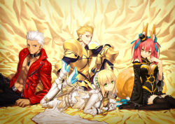 Rule 34 | 10s, 2boys, 2girls, ahoge, alternate costume, animal ears, archer (fate), armor, ass, ass cutout, bare shoulders, belt, black legwear, blonde hair, bodysuit, breastplate, breasts, butt crack, center opening, chain, choker, clothing cutout, detached sleeves, earrings, fate/extra, fate/extra ccc, fate (series), fox ears, fox tail, gauntlets, gilgamesh (fate), greaves, green eyes, grey eyes, hair ribbon, hair slicked back, hat, high heels, highres, jacket, jewelry, large breasts, leather, leather jacket, lock, lock earrings, long hair, lying, medium breasts, mini hat, mini top hat, multiple boys, multiple girls, nero claudius (bride) (fate), nero claudius (fate), nero claudius (fate) (all), official alternate costume, official art, on stomach, padlock, pants, parted lips, pauldrons, pink hair, red eyes, red jacket, revealing clothes, ribbon, shoes, short hair, shoulder armor, sitting, smile, tail, takeuchi takashi, tamamo (fate), tamamo no mae (fate/extra), tamamo no mae (sable mage) (fate), thighhighs, top hat, veil, wariza, white hair, yellow eyes