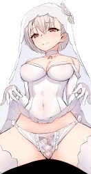 Rule 34 | 1girl, absurdres, breasts, bridal veil, clothes lift, dress, dress lift, earrings, elbow gloves, girls&#039; frontline, gloves, highres, jewelry, kinbakuman, lifting own clothes, medium breasts, official alternate costume, panties, red eyes, rmb-93 (girls&#039; frontline), rmb-93 (moonlit lover beyond reach) (girls&#039; frontline), short dress, short hair, thighhighs, underwear, veil, wedding dress, white dress, white gloves, white hair, white panties, white thighhighs
