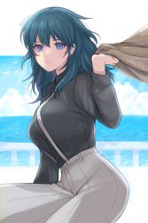 Rule 34 | 1girl, alternate costume, banned artist, black shirt, blouse, blue eyes, blue hair, breasts, byleth (female) (fire emblem), byleth (fire emblem), commentary request, contemporary, fire emblem, fire emblem: three houses, grey pants, highres, large breasts, long hair, long sleeves, looking at viewer, nintendo, pants, shimizu akina, shirt, smile, solo, suspenders