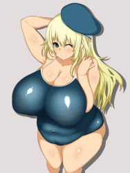 Rule 34 | 10s, 1girl, arm behind head, atago (kancolle), beret, blonde hair, blue eyes, blue one-piece swimsuit, breasts, fat, female focus, hat, highres, huge breasts, inverted nipples, kantai collection, long hair, nipples, one-piece swimsuit, one eye closed, plump, puffy nipples, school swimsuit, simple background, smile, solo, standing, swimsuit, tensai427, wink