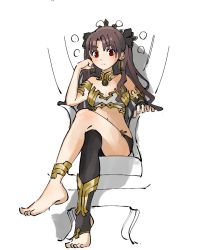 Rule 34 | 1girl, anklet, armlet, bare shoulders, black hair, black ribbon, black thighhighs, closed mouth, crossed legs, detached sleeves, earrings, elbow rest, fate/grand order, fate (series), feet, frown, hair ribbon, hoop earrings, ishtar (fate), jewelry, long hair, long sleeves, looking at viewer, nishikuromori, red eyes, ribbon, simple background, single detached sleeve, single thighhigh, sitting, solo, thighhighs, tiara, toeless legwear, two side up, very long hair, white background