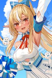 Rule 34 | 1girl, absurdres, arm up, armpits, bare shoulders, bird, blonde hair, blue bow, blush, bow, bowtie, breasts, cleavage, cloud, dark-skinned female, dark skin, detached sleeves, dress, elf, elfriend (shiranui flare), hair bow, highres, hololive, large breasts, long hair, long sleeves, multicolored hair, open mouth, pointy ears, pom pom (cheerleading), ponytail, red bow, red bowtie, red eyes, rum raisin (chihiromakita19), shiranui flare, shiranui flare (1st costume), sky, smile, streaked hair, virtual youtuber, white dress, white hair