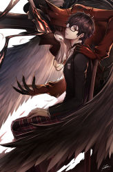 Rule 34 | 10s, 1boy, amamiya ren, arsene (persona 5), ascot, badge, black hair, black hat, black jacket, black wings, blazer, brooch, brown eyes, chair, feathered wings, feathers, fingernails, from side, glasses, hand on another&#039;s shoulder, hands on thighs, hat, heart, heart print, high collar, highres, jacket, jewelry, leaning forward, leaning on person, long fingernails, long sleeves, looking to the side, male focus, mask, on chair, one eye covered, pants, persona, persona 5, plaid, plaid pants, school uniform, sharp fingernails, signature, sitting, tenyo0819, top hat, turtleneck, white background, white wings, wings