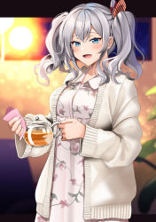 Rule 34 | 1girl, alternate costume, blue eyes, blush, breasts, floral print, hair between eyes, highres, holding, kantai collection, kashima (kancolle), large breasts, long hair, long sleeves, open clothes, open mouth, silver hair, smile, solo, tea, twintails, upper body, yunamaro