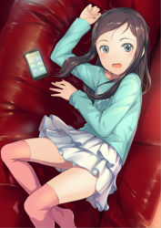 Rule 34 | 1girl, aqua shirt, blue eyes, blush, brown hair, casual, cellphone, clothes writing, flat chest, highres, long hair, looking at viewer, lying, on back, original, panties, pantyshot, phone, pink thighhighs, shirt, skirt, smartphone, sody, solo, thighhighs, underwear, white panties