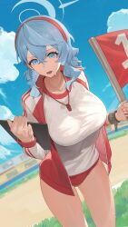 Rule 34 | 1girl, absurdres, ako (blue archive), ao tsukushi, blue archive, blue eyes, blue hair, blue sky, blush, breasts, buruma, clipboard, flag, gym uniform, halo, headband, highres, jacket, large breasts, long hair, long sleeves, looking at viewer, open mouth, red buruma, red headband, red jacket, shirt, sky, solo, thighs, track jacket, white shirt
