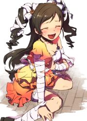 Rule 34 | 10s, 1girl, bandages, black hair, breasts, cleavage, dress, drill hair, closed eyes, idolmaster, idolmaster cinderella girls, long hair, nametake, nonomura sora, open mouth, sitting, smile, solo, twin drills, twintails, wariza, wooden floor