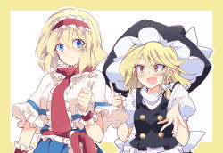 Rule 34 | 2girls, :d, :|, alice margatroid, apron, black vest, blonde hair, blue dress, blue eyes, blush, border, bow, braid, breasts, brown eyes, buttons, capelet, closed mouth, commentary request, dress, frilled apron, frilled hairband, frills, hair ribbon, hairband, highres, ichimura kanata, index finger raised, kirisame marisa, lolita hairband, long hair, looking at viewer, medium breasts, multiple girls, open mouth, puffy short sleeves, puffy sleeves, red hairband, ribbon, shirt, short hair, short sleeves, single braid, skirt, smile, sweatdrop, touhou, tress ribbon, upper body, vest, white apron, white background, white bow, white capelet, white ribbon, white shirt, wrist cuffs