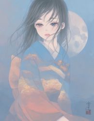 Rule 34 | 1girl, black hair, blue background, blue eyes, blue kimono, blue sky, cloud print, commentary, expressionless, floating hair, full moon, heterochromia, highres, japanese clothes, kimono, long hair, long sleeves, looking at viewer, moon, multicolored clothes, multicolored kimono, obi, original, outdoors, parted lips, pink eyes, pink kimono, sash, seal impression, signature, sitting, sky, solo, twilight, upper body, ushiyama ame