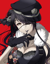 Rule 34 | 1girl, alternate costume, bare shoulders, barefoot, belt, biting, black gloves, black hair, black hat, black lips, breasts, choker, cleavage, collar, commentary request, eyepatch, glove biting, gloves, grin, haibarasaika, hair ornament, hat, idol, idolmaster, idolmaster shiny colors, large breasts, lipstick, long hair, looking at viewer, makeup, medallion, military hat, peaked cap, red background, shirase sakuya, simple background, sleeveless, smile, solo, swept bangs, yellow eyes