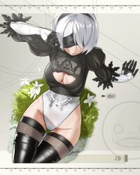Rule 34 | 1girl, 2b (nier:automata), absurdres, black blindfold, black hairband, black leotard, black thighhighs, blindfold, breasts, cleavage, cleavage cutout, closed mouth, clothing cutout, covered navel, feather-trimmed sleeves, hairband, highleg, highleg leotard, highres, leotard, medium breasts, nier:automata, nier (series), short hair, smile, solo, thighhighs, two-tone leotard, waligner, white hair, white leotard