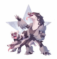 Rule 34 | claws, closed eyes, commentary, creatures (company), english commentary, evolutionary line, fangs, galarian form, galarian linoone, galarian zigzagoon, game freak, gen 8 pokemon, highres, nintendo, obstagoon, pokemon, pokemon (creature), purple eyes, riding, riding pokemon, salanchu, sharp teeth, signature, simple background, standing, star (symbol), striped, teeth, tongue, tongue out, white background