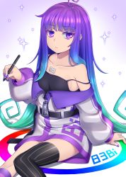 Rule 34 | 1girl, ahoge, arm support, asymmetrical legwear, bad id, bad pixiv id, bare shoulders, black camisole, black socks, blue hair, camisole, closed mouth, collarbone, gradient background, gradient hair, green hair, highres, holding, holding stylus, jacket, kneehighs, long sleeves, looking at viewer, multicolored hair, nail polish, off shoulder, original, paravene, puffy long sleeves, puffy sleeves, purple background, purple eyes, purple hair, purple nails, single kneehigh, single sock, single thighhigh, sitting, sleeves past wrists, socks, solo, sparkle, strap slip, striped clothes, striped socks, striped thighhighs, stylus, thighhighs, uneven legwear, vertical-striped clothes, vertical-striped socks, vertical-striped thighhighs, white background, white jacket
