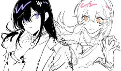 Rule 34 | 2girls, black hair, closed mouth, collared shirt, commentary request, floating hair, hair between eyes, highres, hirako daishougun, long hair, long sleeves, multiple girls, nervous sweating, open mouth, original, partially colored, purple hair, shirt, sidelocks, sketch, sweat, yellow eyes