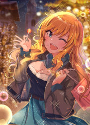 Rule 34 | 1girl, ;d, absurdres, black shirt, blonde hair, blue eyes, blue skirt, blurry, blurry background, breasts, candy, cleavage, floating hair, food, fur-trimmed shirt, fur trim, grey jacket, grey scarf, highres, holding, idolmaster, idolmaster cinderella girls, jacket, lollipop, long hair, looking at viewer, medium breasts, miniskirt, night, okutomi fumi, one eye closed, ohtsuki yui, open clothes, open jacket, open mouth, outdoors, road, scarf, shirt, skirt, smile, solo, sparkle, street