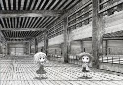 Rule 34 | 2girls, architecture, bad id, bad pixiv id, window blinds, blush, bow, ceiling, chibi, coat, dress, female focus, floor, hand on own hip, hands on own chest, happy, hat, indoors, interior, looking at another, looking at viewer, looking away, maribel hearn, monochrome, multiple girls, necktie, nib pen (medium), open mouth, perspective, short hair, smile, soyanrai, touhou, traditional media, usami renko, wood
