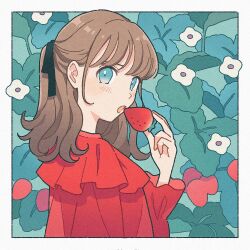 Rule 34 | 1girl, :o, aqua eyes, black ribbon, blush, border, brown hair, commentary request, expressionless, flower, flower (symbol), food, frilled shirt, frills, fruit, hair ribbon, hand up, highres, holding, holding food, holding fruit, leaf, long sleeves, looking at viewer, medium hair, nahara saki, open mouth, original, plant, red shirt, ribbon, shirt, solo, strawberry, turning head, white border, white flower