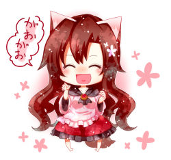 Rule 34 | 1girl, animal ears, blush, brooch, brown hair, chibi, collarbone, dress, closed eyes, heart, imaizumi kagerou, jewelry, long hair, long sleeves, looking at viewer, open mouth, smile, solo, speech bubble, tail, totoharu (kujirai minato), touhou, translation request, wolf ears, wolf tail