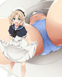 Rule 34 | 1girl, black neckwear, blonde hair, blue bra, blue eyes, blue panties, blue sailor collar, bra, clothes lift, commentary request, dress, dress lift, extended upskirt, feet out of frame, from below, gloves, hat, highres, janus (kancolle), kantai collection, looking at viewer, mtu (orewamuzituda), multiple views, open mouth, panties, pantyshot, parted bangs, sailor collar, sailor dress, sailor hat, short hair, short sleeves, socks, standing, underwear, upskirt, white dress, white gloves, white headwear, white legwear
