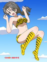 Rule 34 | 1girl, :d, artist name, bare shoulders, bikini, blue sky, boots, breasts, cloud, cloudy sky, cone horns, cosplay, dated, day, floating, freckles, fur bikini, fur boots, girls und panzer, grey eyes, grey hair, hair tie, head tilt, highres, horns, knees up, long hair, looking at viewer, low ponytail, lum, lum (cosplay), medium breasts, naotosi, navel, open mouth, outdoors, piyotan (girls und panzer), ponytail, print footwear, sky, smile, solo, strapless, strapless bikini, striped bikini, striped clothes, swimsuit, tiger stripes, voice actor, w arms, yellow bikini, yellow footwear