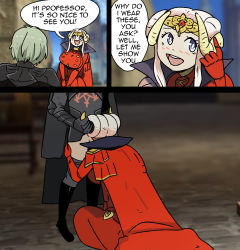 Rule 34 | 1boy, 1girl, blush, breasts, byleth (fire emblem), byleth (male) (fire emblem), cape, clothes pull, edelgard von hresvelg, fellatio, fire emblem, fire emblem: three houses, gloves, green hair, hands on own hips, hasselnut, hetero, highres, horns, implied fellatio, irrumatio, large breasts, nintendo, open mouth, oral, outdoors, pants, pants pull, purple eyes, white hair