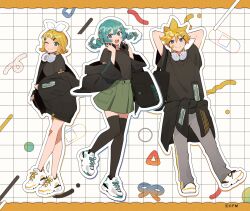 1boy 2girls alternate_costume arms_behind_head bag bandaid bandaid_on_face black_jacket black_shirt black_thighhighs blonde_hair blue_eyes bow clothes_around_waist commentary_request drop_shadow full_body green_eyes green_hair green_skirt grey_pants grid_background hair_bow hassan_(sink916) hatsune_miku headphones headphones_around_neck highres jacket jacket_around_waist kagamine_len kagamine_rin letterboxed looking_at_viewer multiple_girls off_shoulder official_art one_eye_closed outline pants shirt shoes short_hair short_sleeves short_twintails simple_background skirt smile sneakers swept_bangs thighhighs twintails vocaloid white_background white_bow white_footwear