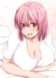 Rule 34 | 1girl, :d, absurdres, blush, breasts, cleavage, collarbone, hair between eyes, highres, large breasts, looking at viewer, lying, no headwear, nori tamago, on stomach, open mouth, pink background, pink hair, red eyes, saigyouji yuyuko, shirt, short hair, short sleeves, smile, solo, touhou, white shirt