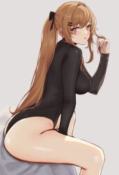 Rule 34 | 1girl, 3 small spiders, arm between legs, ass, black leotard, breasts, brown hair, from side, girls&#039; frontline, hair ornament, hair ribbon, hairclip, highleg, highleg leotard, highres, large breasts, leotard, long hair, looking at viewer, open mouth, ribbon, scar, scar across eye, scar on face, sitting, twintails, twirling hair, ump9 (girls&#039; frontline)