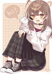 Rule 34 | 1girl, :d, ahoge, berry, black choker, brown eyes, brown footwear, brown hair, brown skirt, choker, crossed bangs, drawn ears, earrings, english text, fingernails, food-themed earrings, high tops, highres, hololive, hololive english, jewelry, long hair, long skirt, looking at viewer, multicolored hair, nanashi mumei, nanashi mumei (casual), necklace, official alternate costume, open mouth, plaid, plaid skirt, pleated skirt, red shirt, red socks, shirt, shoes, simple background, skirt, sleeves past wrists, smile, sneakers, socks, speech bubble, streaked hair, sweater, virtual youtuber, watashishi, waving, white sweater