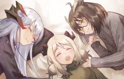 Rule 34 | 3girls, ahoge, arknights, blonde hair, blush, breasts, brown hair, closed mouth, feather hair, glasses, horns, ifrit (arknights), long hair, looking to the side, lying, medium breasts, multiple girls, on side, open mouth, saria (arknights), short hair, silence (arknights), simple background, smile, sweater, teeth, touchika, turtleneck, turtleneck sweater, upper body, upper teeth only, white hair, yellow eyes