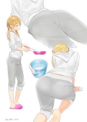 Rule 34 | 10s, 1girl, 2016, all fours, alternate costume, ama mitsuki, anchor hair ornament, ass, barefoot, blonde hair, bucket, capri pants, casual, close-up, closed eyes, commentary request, dated, elbow rest, from behind, from side, frying pan, grey pants, hair between eyes, hair ornament, head tilt, hood, hooded track jacket, jacket, kantai collection, light smile, long hair, low twintails, lying, multiple views, on stomach, pants, pants rolled up, pantylines, prinz eugen (kancolle), sandals, simple background, sleeves rolled up, soles, standing, track jacket, twintails, water, white background