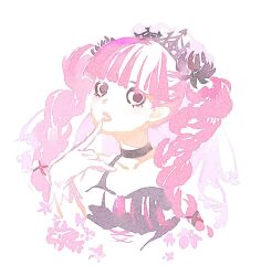 Rule 34 | 1girl, black dress, black eyes, blunt bangs, braid, chinese commentary, choker, commentary request, dress, fish191101756, hair ornament, one piece, perona, pink hair, simple background, solo, twin braids, twintails, upper body, white background