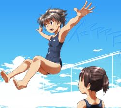 Rule 34 | 2girls, armpits, barefoot, chain-link fence, day, feet, fence, flat chest, flying, foreshortening, jumping, multiple girls, niconico, noroi no yakata, one-piece swimsuit, original, outdoors, outstretched arms, ponytail, pool, poolside, school swimsuit, shouting, spread arms, swimsuit, ttomm