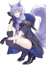 Rule 34 | 1girl, :d, animal ears, arknights, black footwear, black gloves, black jacket, black pants, black thighhighs, boots, braid, breasts, chaps, commentary request, fang, from side, full body, gloves, hair over shoulder, head rest, highres, hood, hood down, hooded jacket, jacket, knee boots, knee pads, long hair, looking at viewer, looking to the side, maho (drmaho1), open mouth, pants, provence (arknights), purple hair, purple shirt, shirt, sidelocks, single braid, skin fang, smile, solo, squatting, tail, thigh strap, thighhighs, white background, wolf ears, wolf tail, yellow eyes