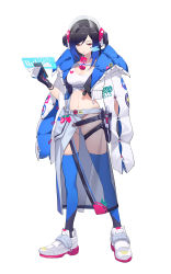 Rule 34 | 1girl, absurdres, arm at side, black gloves, black hair, blue hair, blue thighhighs, breasts, cleavage, closed mouth, clothes writing, coat, crop top, cropped jacket, drink, drinking, drinking straw, female focus, full body, gloves, gluteal fold, graph, half-closed eyes, hand up, headphones, heart, highres, holding, holding notepad, holding pen, holographic interface, holstered, juice box, large breasts, long coat, medium hair, mole, mole under eye, mouth hold, multicolored hair, nana ann, nasa logo, navel, notepad, open clothes, open coat, original, padded coat, panties, pen, pink eyes, red eyes, scouter, see-through, see-through skirt, shirt, shoes, sidelocks, simple background, skindentation, skirt, sleeves past fingers, sleeves past wrists, sneakers, solo, standing, stomach, swept bangs, thigh strap, thighhighs, thighs, two-sided coat, two-sided fabric, two-tone hair, underwear, white background, white coat, white footwear, white panties, white shirt, zipper
