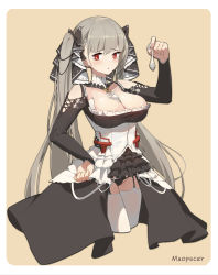 Rule 34 | 1girl, arm up, artist name, azur lane, bare shoulders, between breasts, black bow, black dress, black panties, blush, border, bow, breasts, bright pupils, brown background, cleavage, closed mouth, clothing cutout, commentary request, condom, cowboy shot, cropped legs, dress, formidable (azur lane), frilled dress, frills, garter straps, grey hair, hair bow, hair ribbon, hand on own hip, highres, holding, holding condom, large breasts, long hair, long sleeves, looking at viewer, panties, red eyes, ribbon, shoulder cutout, signature, simple background, sleeves past wrists, solo, sunligh mao, thighhighs, twintails, underwear, used condom, very long hair, white border, white pupils, white thighhighs