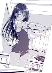 Rule 34 | 1girl, artist name, bad id, bad pixiv id, blush, commentary request, curtains, desk, greyscale, hair between eyes, hair ornament, hairclip, highres, indoors, kobayashi chisato, long hair, looking at viewer, monochrome, original, outstretched arm, school swimsuit, shirt, skirt, solo, swimsuit, undressing