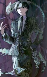 Rule 34 | 1boy, absurdres, bandaged head, bandages, black hair, black necktie, black pants, black suit, book, chrollo lucilfer, earrings, expressionless, formal, glowing, glowing earrings, hand in pocket, highres, holding, holding book, hunter x hunter, indoor fish, jewelry, long sleeves, looking at viewer, male focus, necktie, nen (hunter x hunter), pants, shirt, short hair, solo, suit, white shirt, yadu nadu