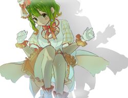 Rule 34 | 1girl, :3, ankle socks, autore triangle, back bow, blush, bow, buttons, closed mouth, collar, collared jacket, detached collar, feet out of frame, flipped hair, flower, frilled gloves, frilled hat, frilled skirt, frilled socks, frills, gloves, gradient hair, green eyes, green hair, gumi, hair between eyes, hair flower, hair ornament, hands up, hat, highres, jacket, knees up, looking at viewer, mini hat, mini top hat, multicolored hair, neck ribbon, official alternate costume, orange footwear, orange hair, orange ribbon, orange trim, plaid, plaid collar, plaid shirt, puffy short sleeves, puffy sleeves, ribbon, shirt, short sleeves, sidelocks, sitting, skirt, socks, solo, top hat, two-tone hair, vocaloid, white collar, white flower, white gloves, white hat, white jacket, white skirt, white socks