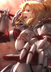 Rule 34 | 1girl, absurdres, armor, bad id, bad pixiv id, blonde hair, braid, breastplate, clarent (fate), cowboy shot, crown braid, fate/grand order, fate (series), french braid, from below, from side, gauntlets, green eyes, hair ornament, hair scrunchie, highres, kamo ashi, mordred (fate), mordred (fate/apocrypha), open mouth, over shoulder, ponytail, red scrunchie, scrunchie, sidelocks, solo, sword, sword over shoulder, teeth, tongue, weapon, weapon over shoulder